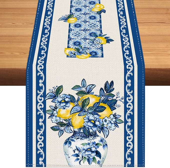 Summer Amalfi Coast Lemon Floral Table Runner Flowers Burlap Table Runners