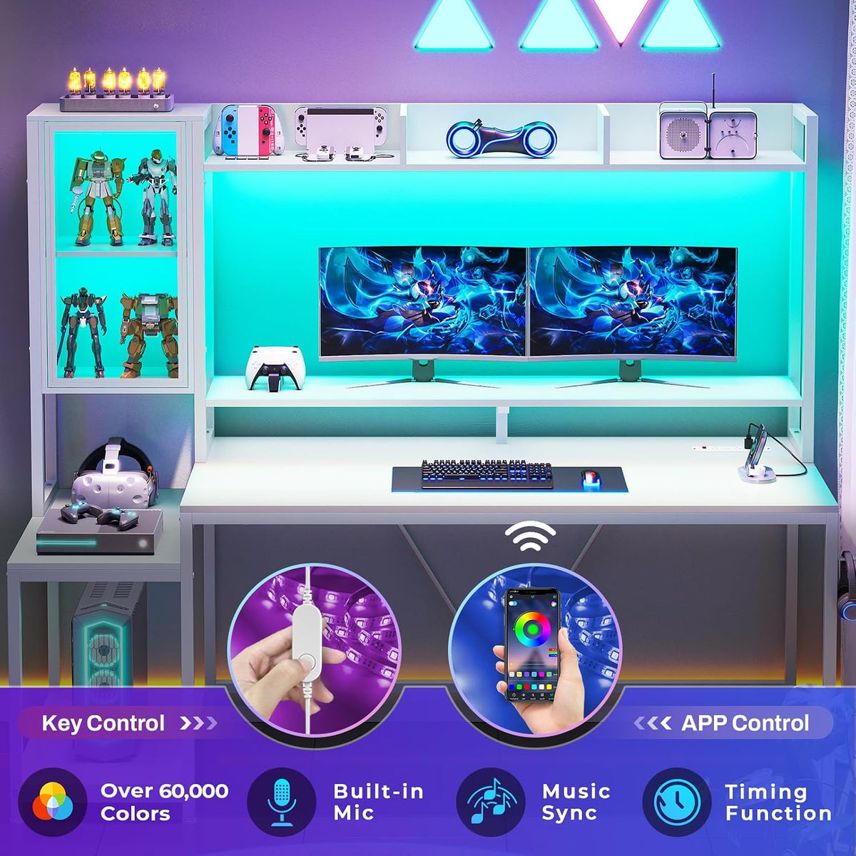 SEDETA 60'' Gaming Desk with Storage, Hutch, Display Cabinet and LED Lights