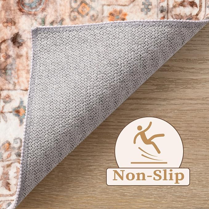 SERISSA 4x6 Boho Bedroom Rug, Washable Non Slip Vintage Peach Cream Area Rugs