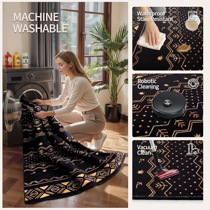 SERISSA 8x10 Area Rugs for Living Room, Washable Non-Slip Black and Gold Boho