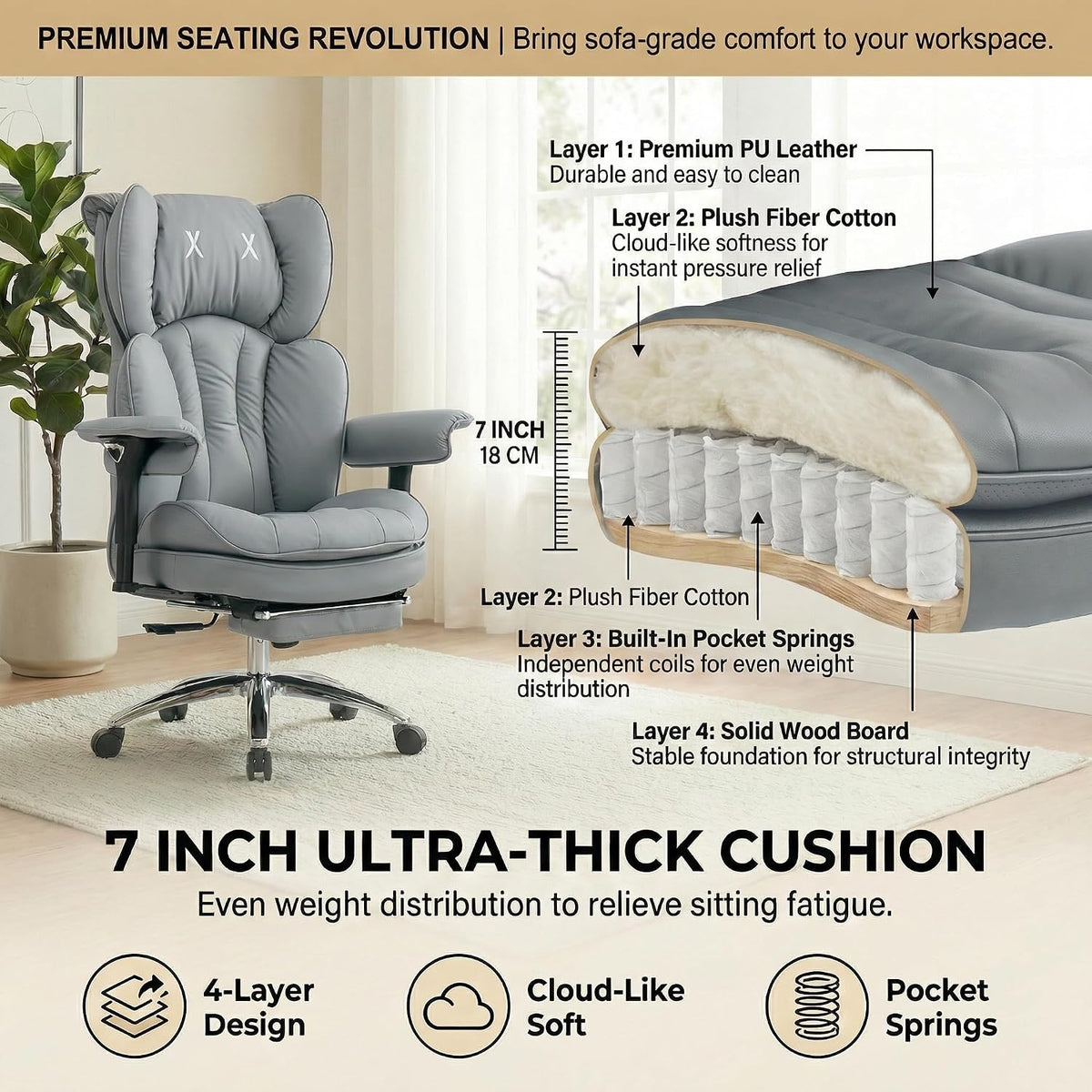 Big & Tall Office Chair, 400lbs Executive Chair with Footrest, Gray