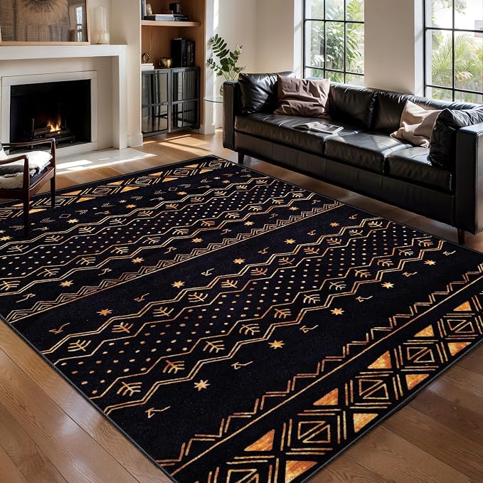 SERISSA 5x7 Area Rugs for Living Room, Washable Non-Slip Black and Gold Boho Rug