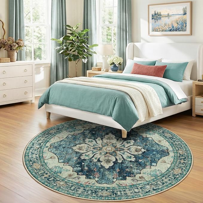 RELEANY Area Rugs Round 7ft Washable Non-Slip, Floral Vintage Distress