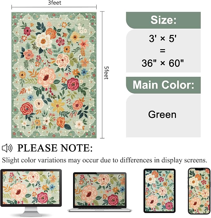 DUKINO 3x5 Area Rug, Floral Rugs