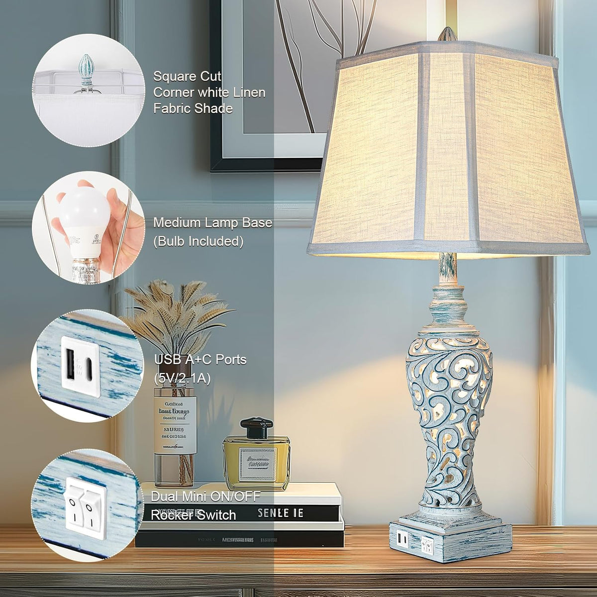 LuxSight Collection Bedside Table Lamps Set of 2 with Night Lights, Vintage