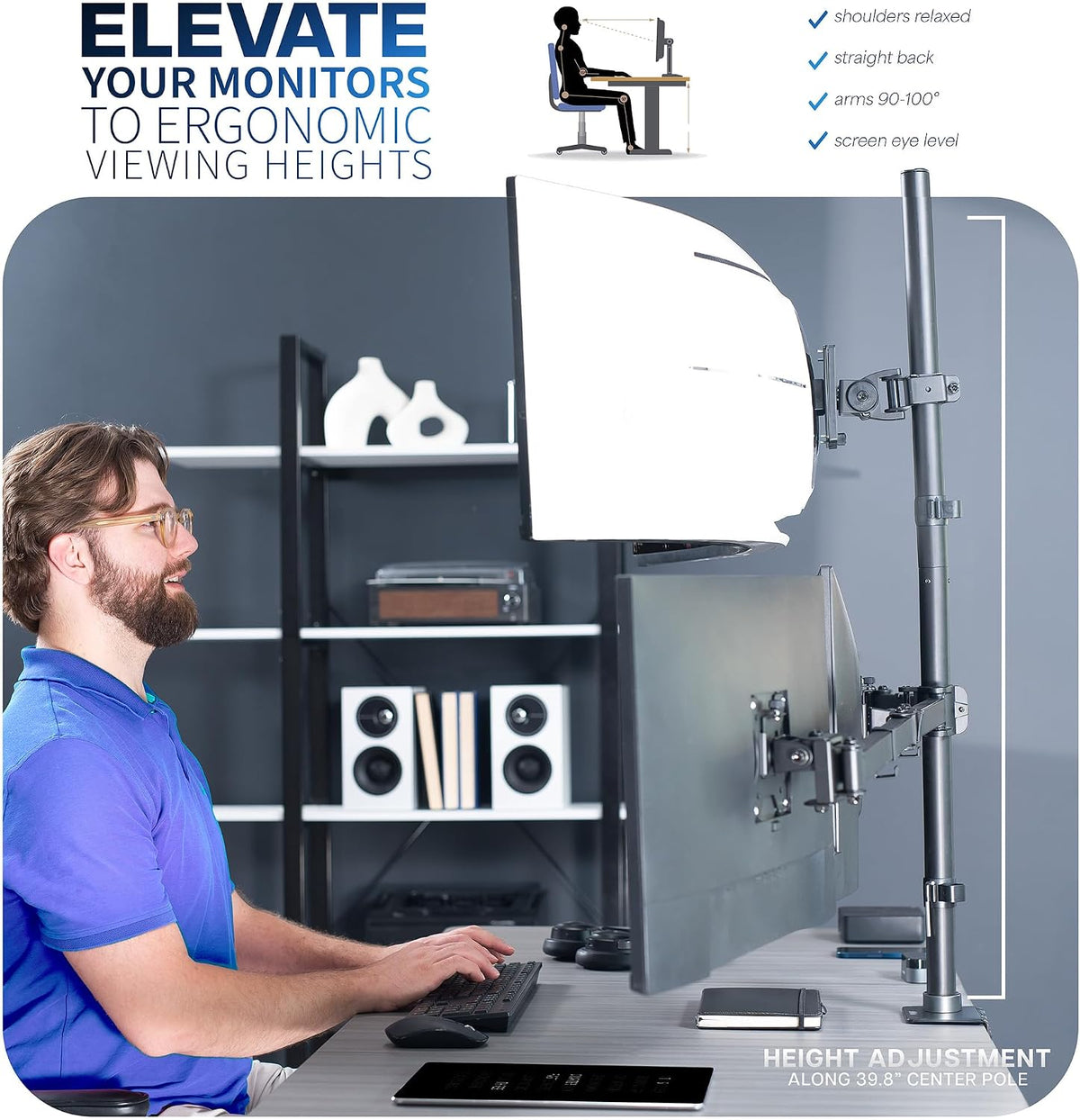 VIVO Quad Monitor Extra Tall Desk Mount for up to 49 inch Ultrawides on Top Bracket and 27 inch Screens on Lower Brackets, Holds up to 44 lbs, Black, STAND-V104T