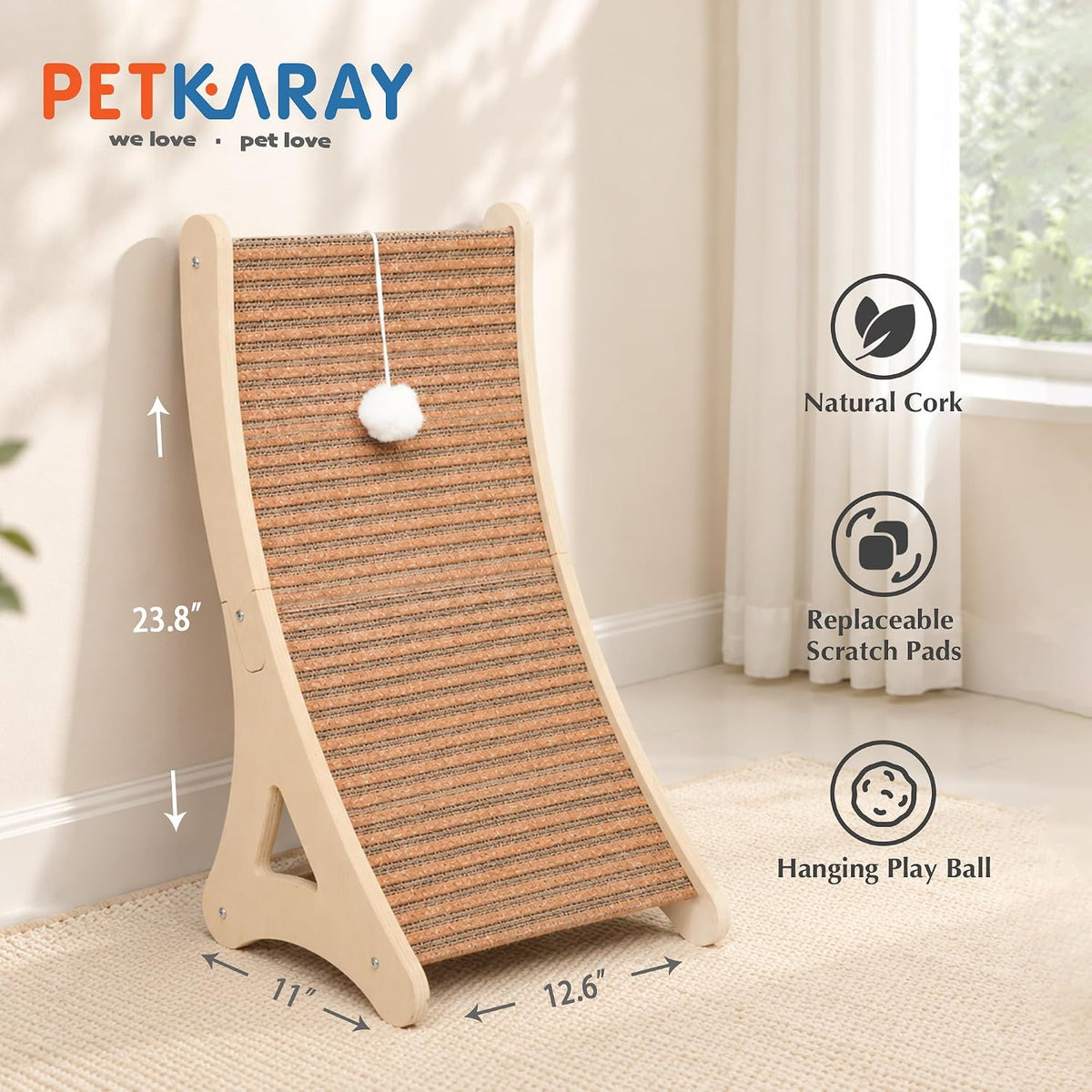 PETKARAY Cork Cat Scratcher, Curved Natural Scratch pad for Indoor Cats