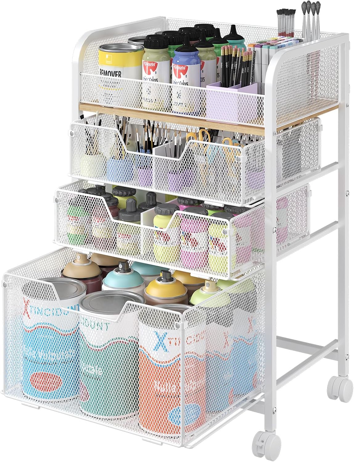 4-Tier Rolling Utility Cart with 3 Drawers-White Craft Organizers and Storage with DIY Dividers, Under Desk Cart with Lockable Wheels, Craft Cart Art Cart for Brushes Artifacts Patent Pending