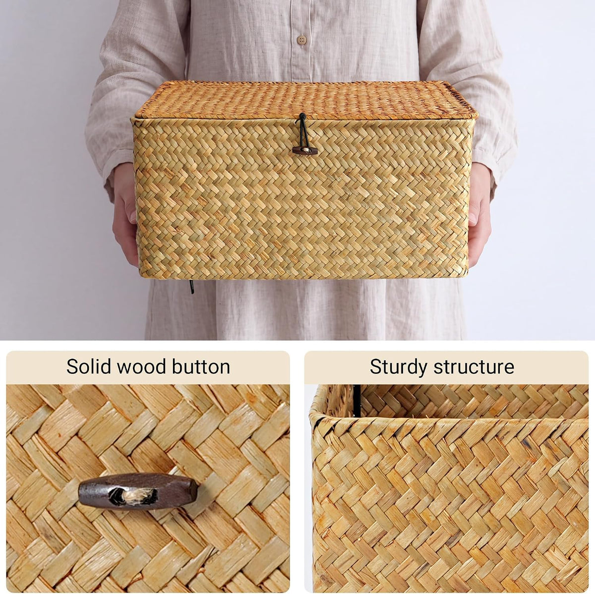 Nonam Large Wicker Basket with Lid,Seagrass Shelf Storage Basket,Natural