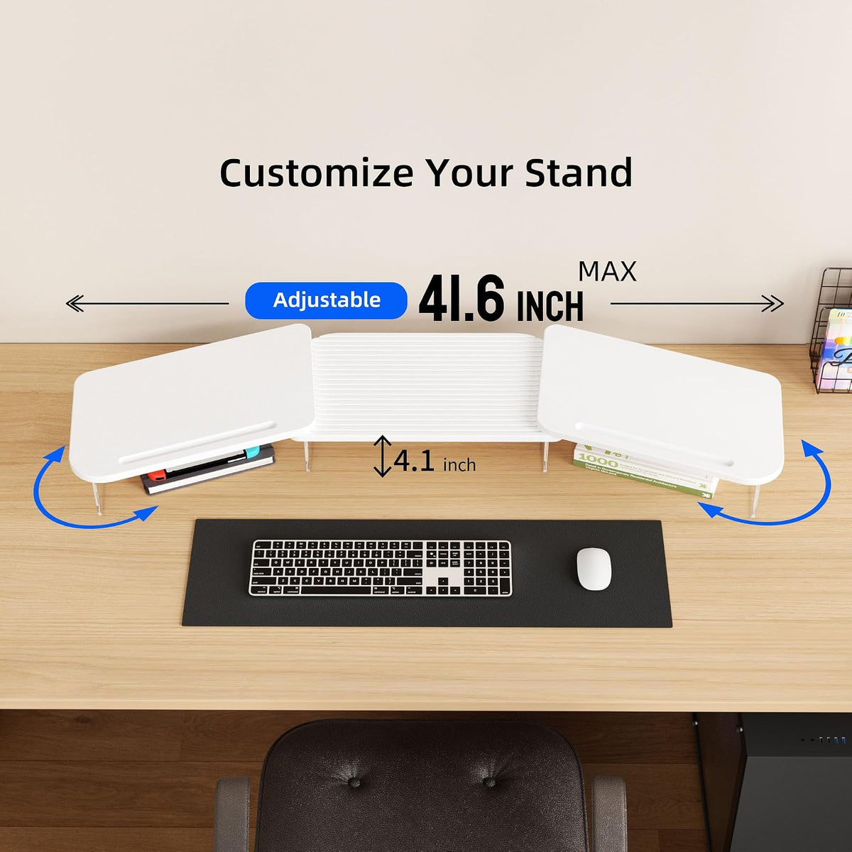 AFOOYO LED Dual Monitor Stand Riser for 2 Monitors,Office Desktop Wooden Stand Adjustable Length and Angle 3 Shelf (White)