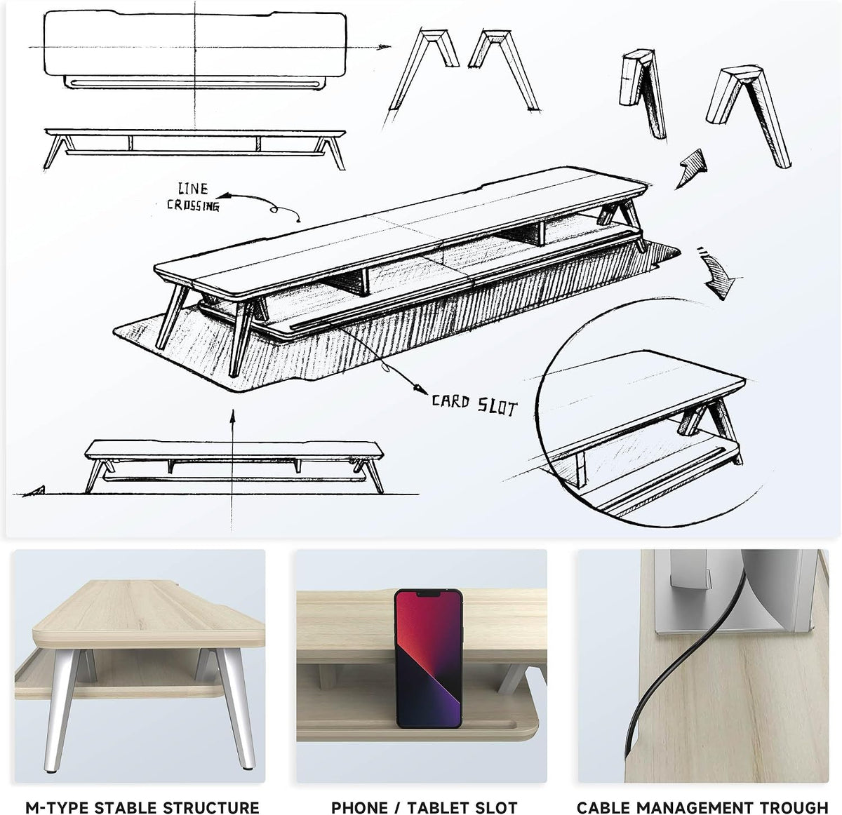 Fenge Dual Monitor Stand Riser, Wooden Desk Shelf with 2-Tier Storage