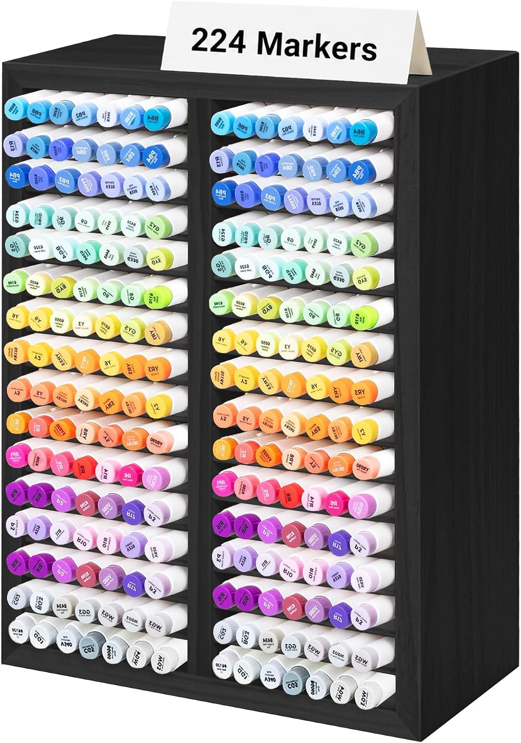 PROLEE Marker Organizer for 224 Markers, Wooden Alcohol Marker Holder with 32 Compartments, Horizontal Art Pen and Pencil Storage Rack for Desk, Classroom and Studio, Black