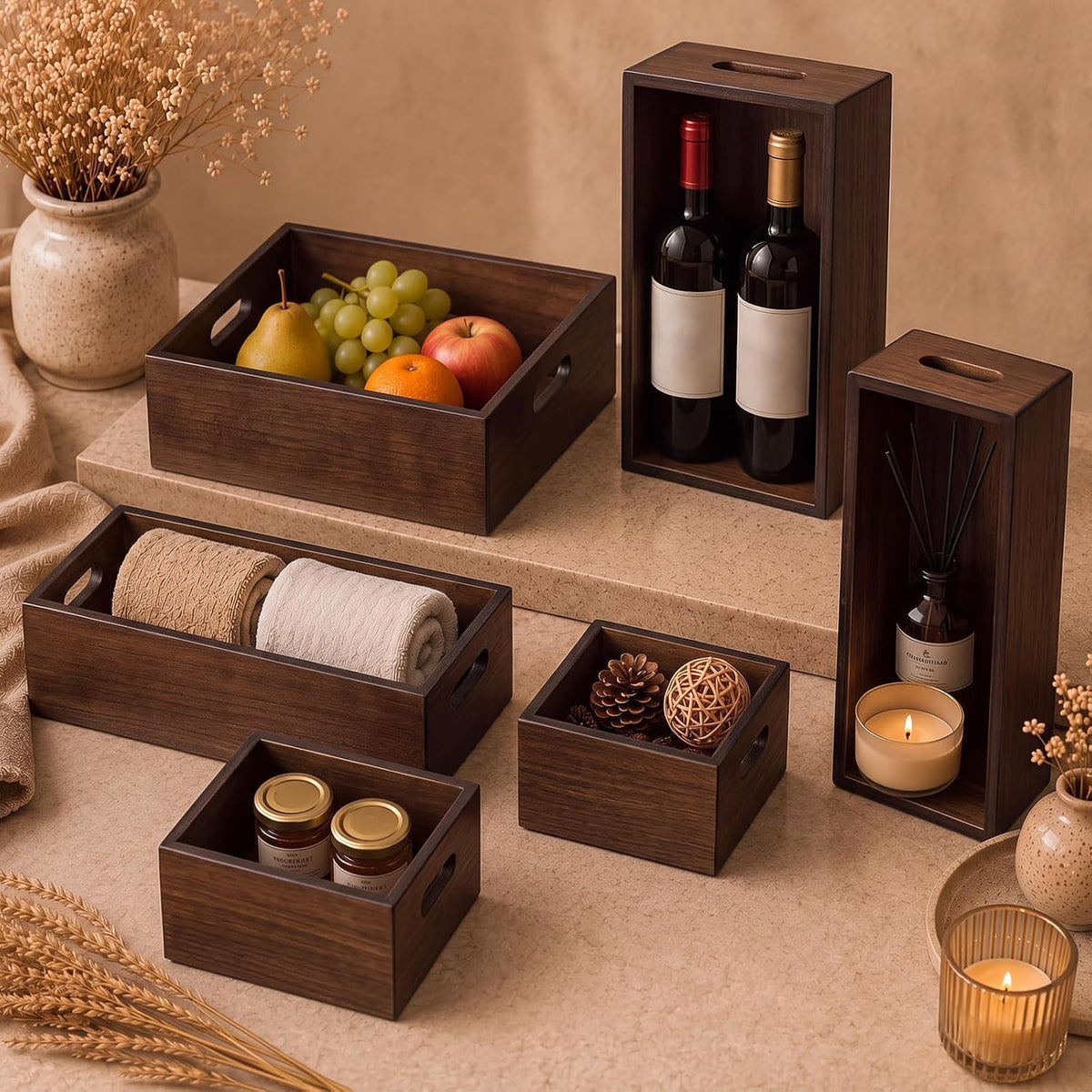 Set of 6 Wooden Storage Boxes with Handles Nesting Farmhouse, Brown