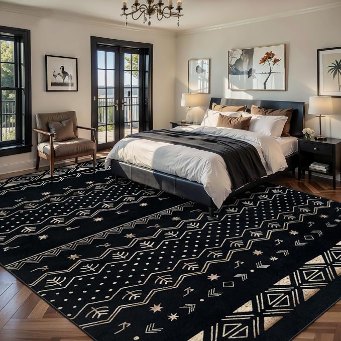 SERISSA 8x10 Area Rugs for Living Room, Washable Non-Slip Black Gold Grad Boho