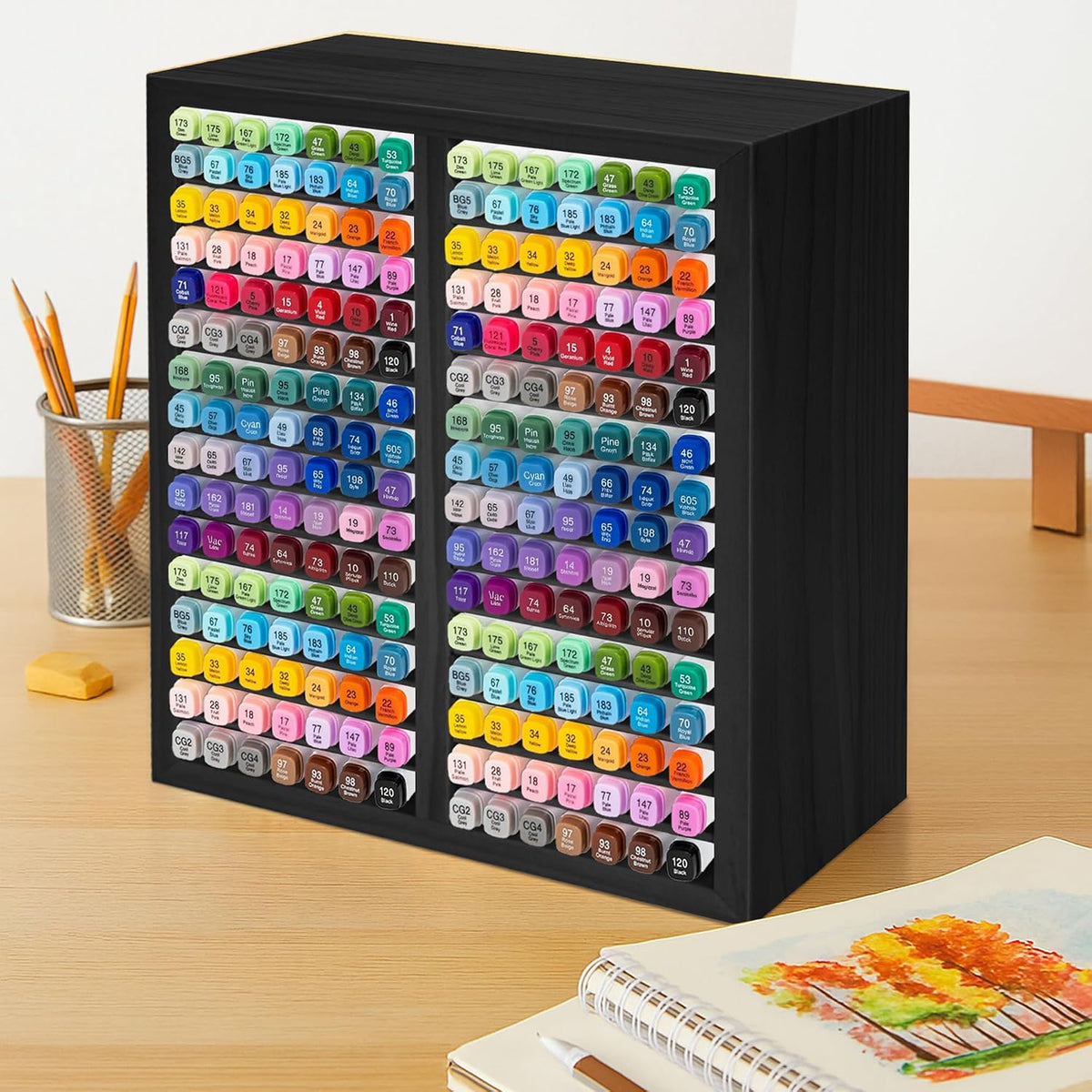 PROLEE Marker Organizer for 224 Markers, Wooden Alcohol Marker Holder with 32 Compartments, Horizontal Art Pen and Pencil Storage Rack for Desk, Classroom and Studio, Black