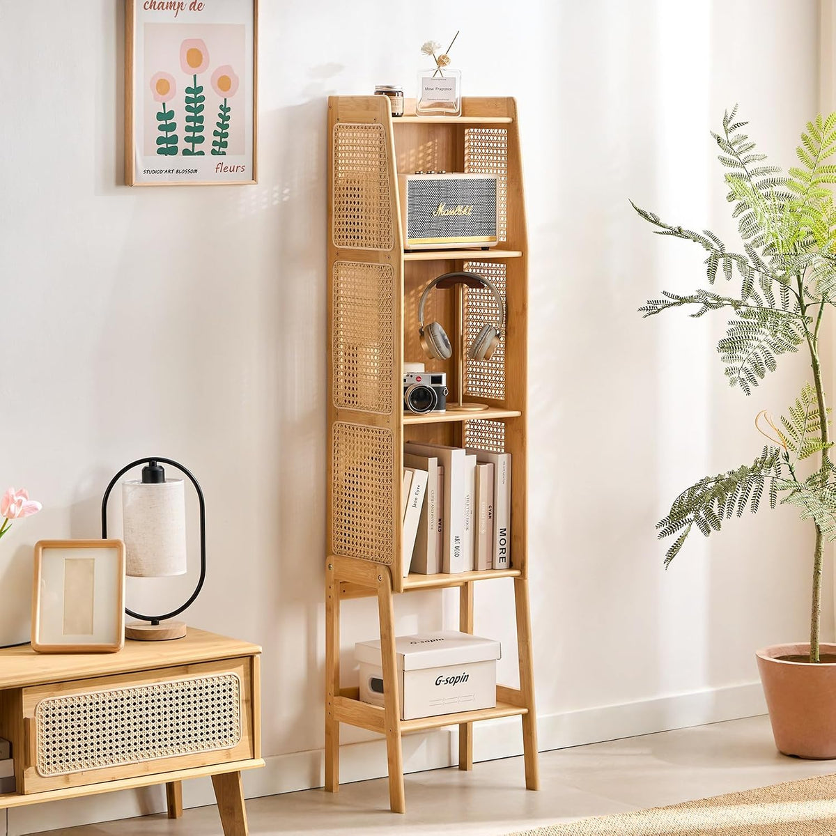Welnow Bamboo Rattan Bookcase with Cabinet，4-Tier Wicker Bookshelf,Natural