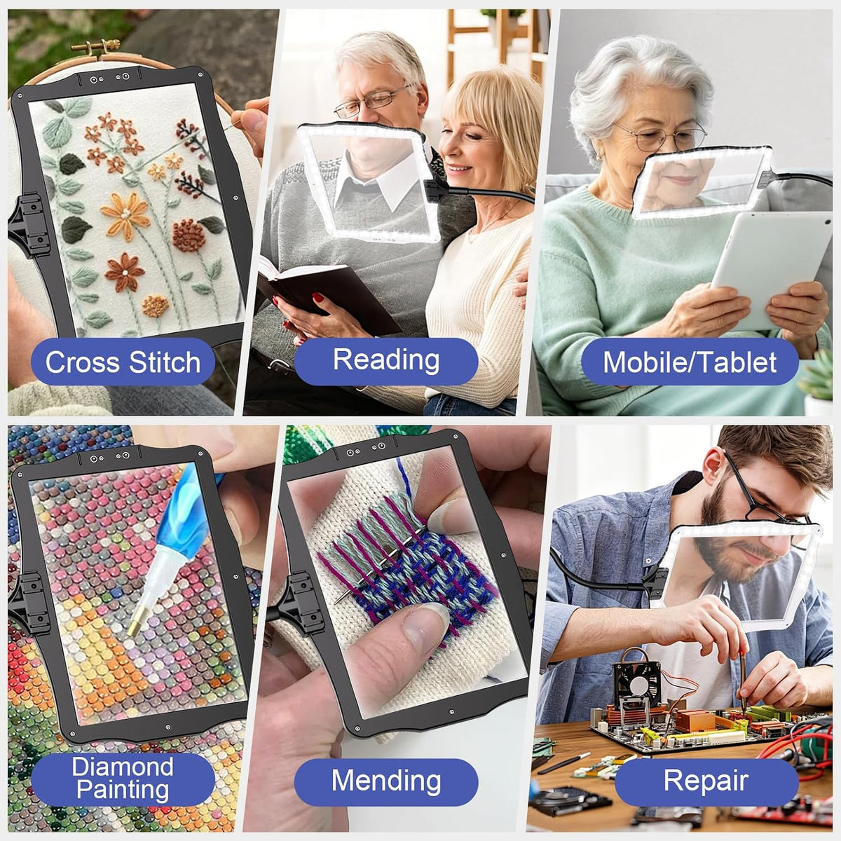 Hands Free Floor Standing Magnifying Glass with 48 LED Rechargeable Light, Adjustable Stand Large Magnifier for Seniors Reading Sewing Craft Embroidery Close Work DIY