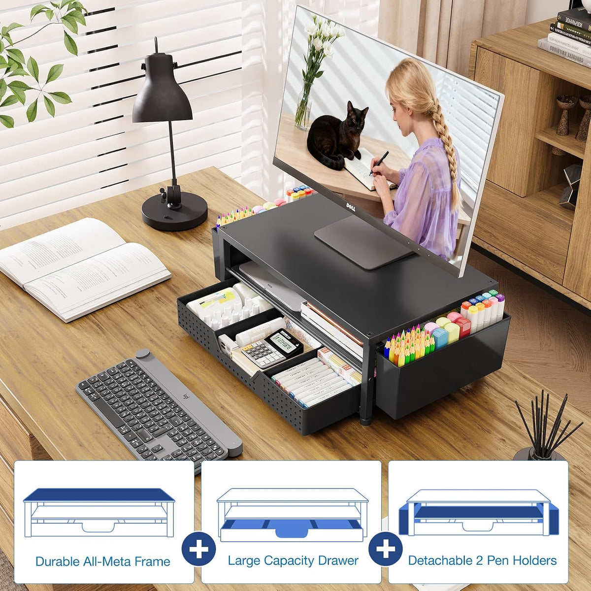 OPNICE Desk Organizers and Accessories, Computer Monitor Stand Riser with Drawer and 2 Pen Holders, Printer & Laptop Stand, Office Desk Accessories & Workspace Organizers for Home Office Supplies, Black 2-Pack