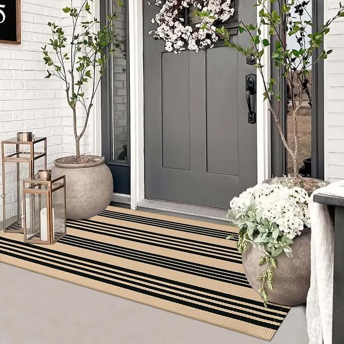 Striped Outdoor Front Door Mat 24"x51", Cotton Hand Woven Washable Black and