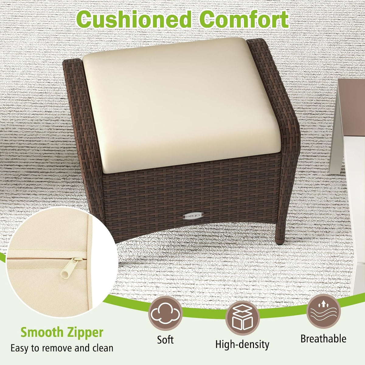 RELAX4LIFE 2-Piece Wicker Outdoor Ottoman - Rattan Footstools w/Removable Cushions, Multipurpose Foot Rest, Additional Seating & Side Table for Garden Porch Balcony, Set of 2 Patio Ottoman (Beige)