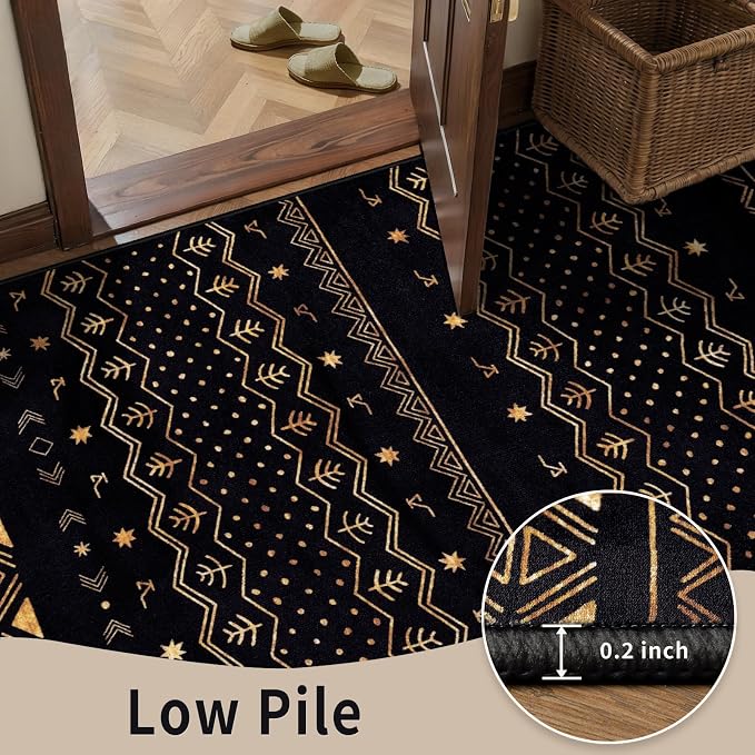 SERISSA 2x5 Kitchen Runner Rug, Washable Non-Slip Black and Gold Boho Rug