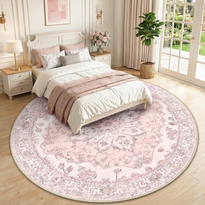 RELEANY Area Rugs Round 10ft Washable Non-Slip, Floral Vintage Distress