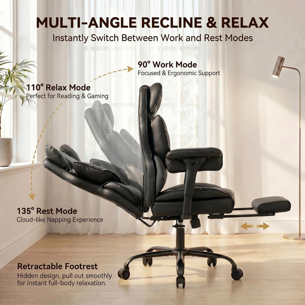 Big and Tall Gaming Office Chair 400lbs - Heavy Duty Ergonomic Computer Desk Chair with Footrest, Adjustable Armrests, High Back PU Leather with Racing Style (Black)