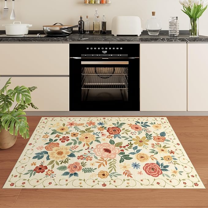 DUKINO 4x6 Area Rug, Lightweight Non Slip Washable Floral Rug, Indoor Low Pile