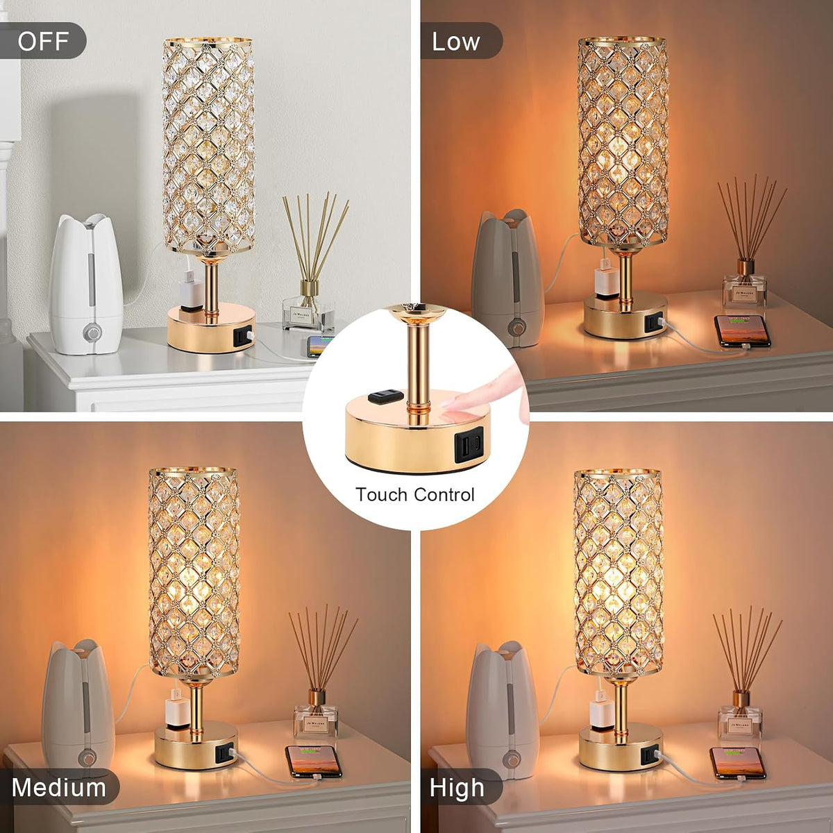 Hong-in Gold Lamps Set of 2, Dimmable Gold Lamps for Nightstand with USB-C+A & AC Charging Ports, 3-Way USB Crystal Lamp, Bedside Desk Light for Bedroom Living Room Home Office(Bulb Included)