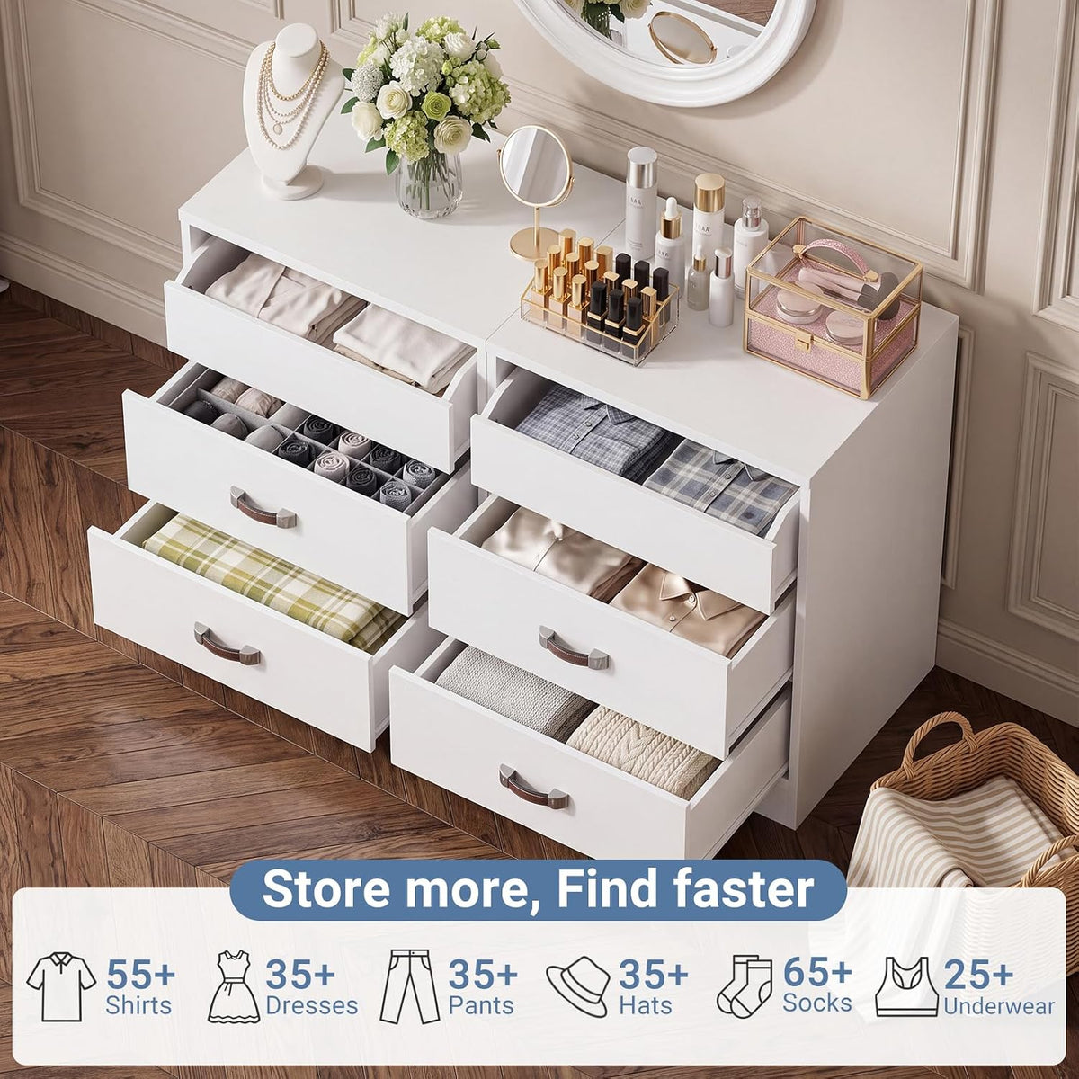 Closet Drawers Set of 2, Wood Closet Organizers and Storage, White