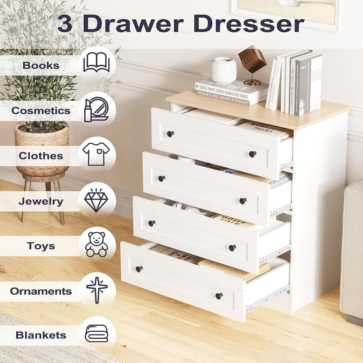 Furnify 4 Drawer Dresser, White Dresser Modern Storage Chest of Drawers, Farmhouse Storage Cabinet Organizer with 4 Drawers for Living Room, Entryway, Hallway, White