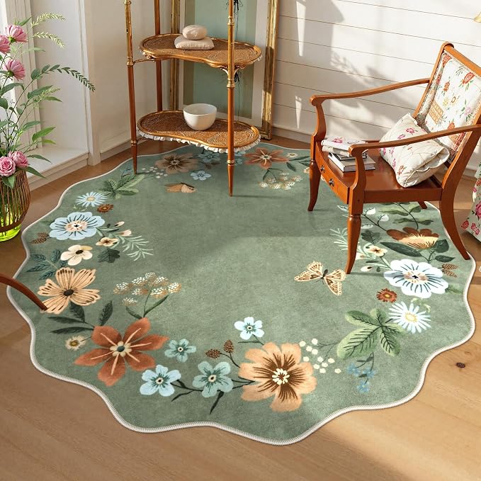 Lahome Floral Washable Round Area Rug, Round Rug 5ft Soft Non-Slip,