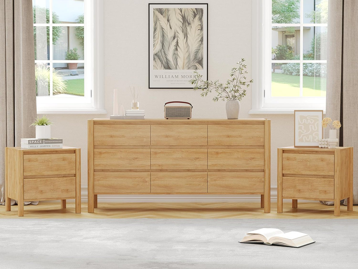 63in Oak 9 Drawer Dresser & 2 Nightstand Set, 3 Pcs Bedroom Furniture