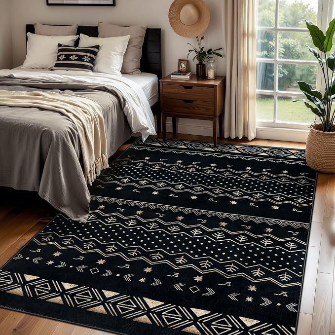 SERISSA 4x6 Area Rugs for Living Room, Washable Non-Slip Black Gold Grad Boho