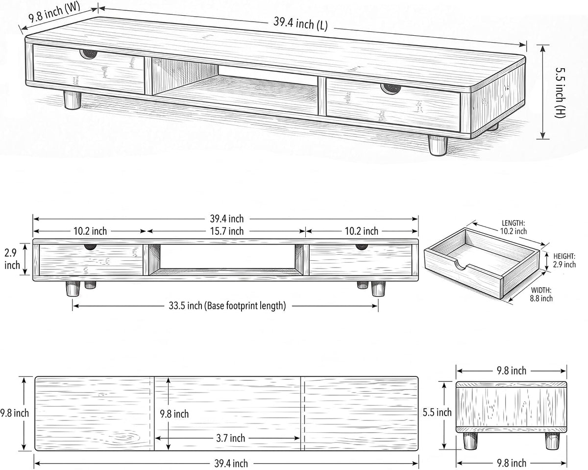 Bamboo Dual Monitor Stand, Natural Desk Shelf with 2 Drawers