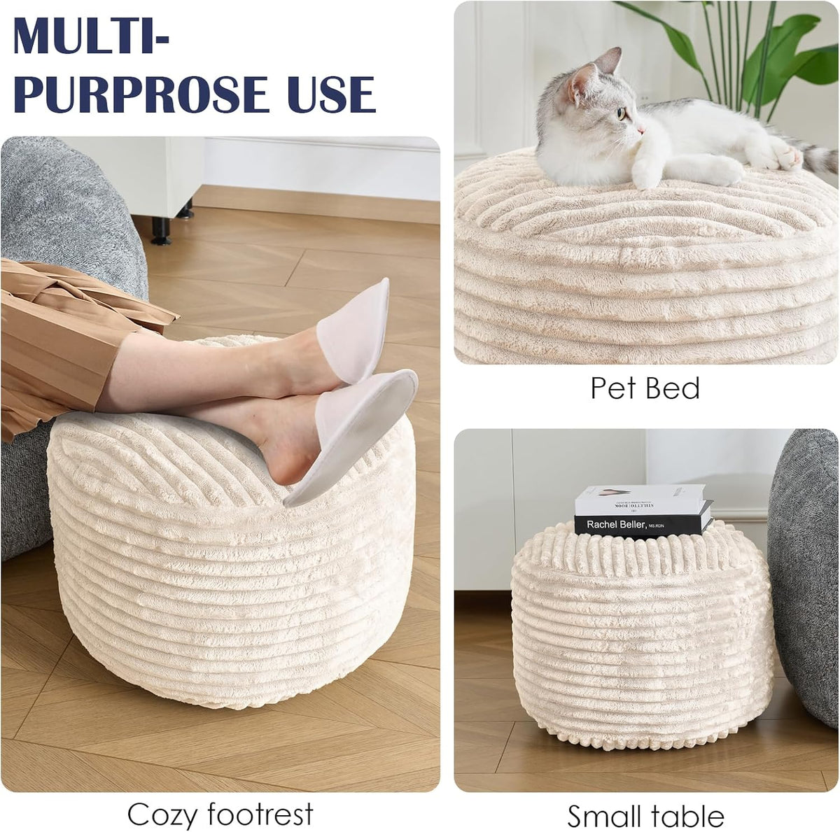 Round Pouf Ottoman,Corduroy Foot Rest,Beige,20x15 in