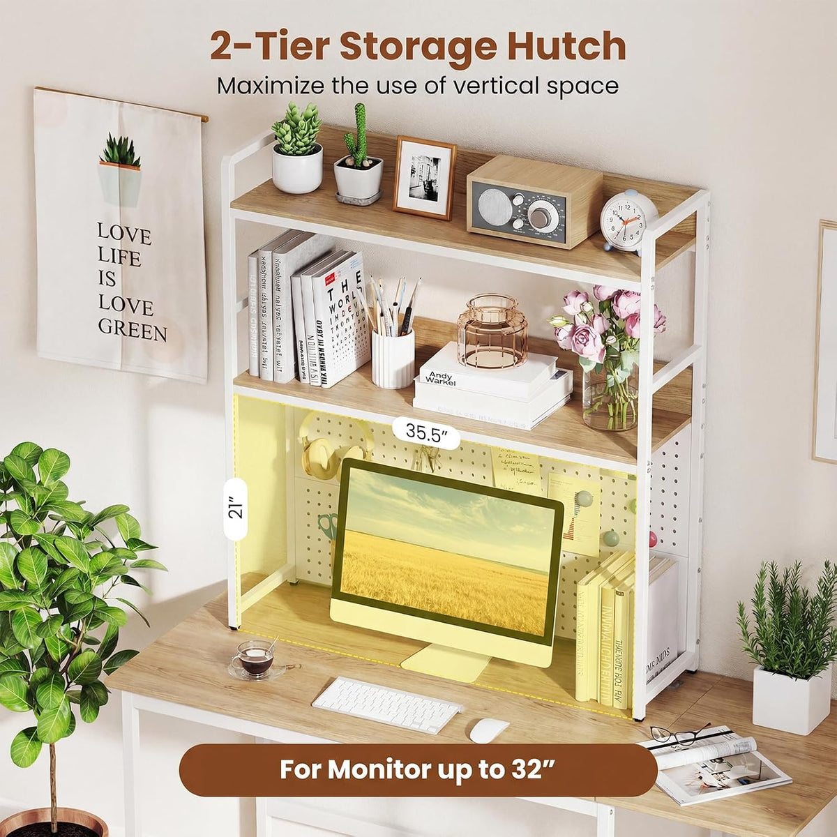 Tangkula Desktop Bookshelf, Multipurpose 2-Tier Desk Hutch with Pegboard, Industrial Countertop Storage Organizer Rack for up to 32" Computer Monitor, Hutch for Dorm Home Office (Natural)