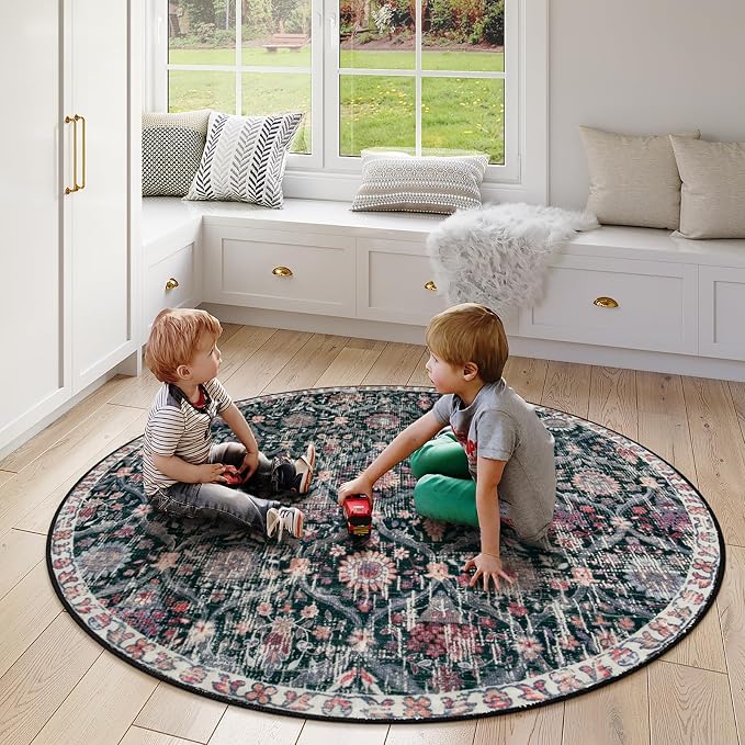 Lahome Moroccan Trellis Washable Round Rugs, Non-Slip Soft Round Rug 4ft