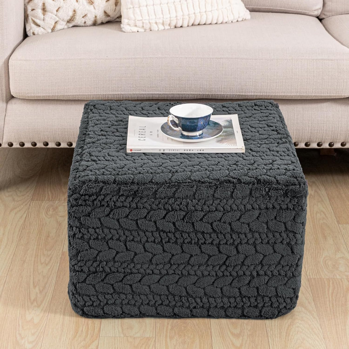 Poofieotto Square Ottoman Footrest Pouf Couch Foot Stool 20x20x14 in, Gray