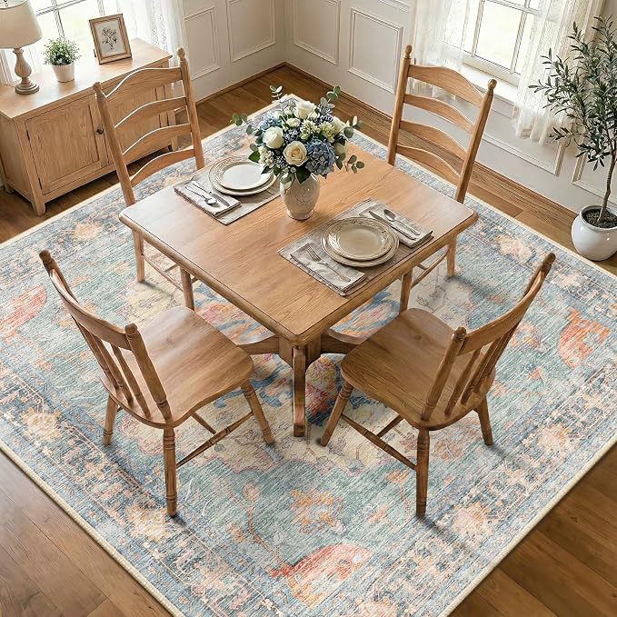 RELEANY Area Rugs Square 7ft Washable Non-Slip, Floral Vintage Distress