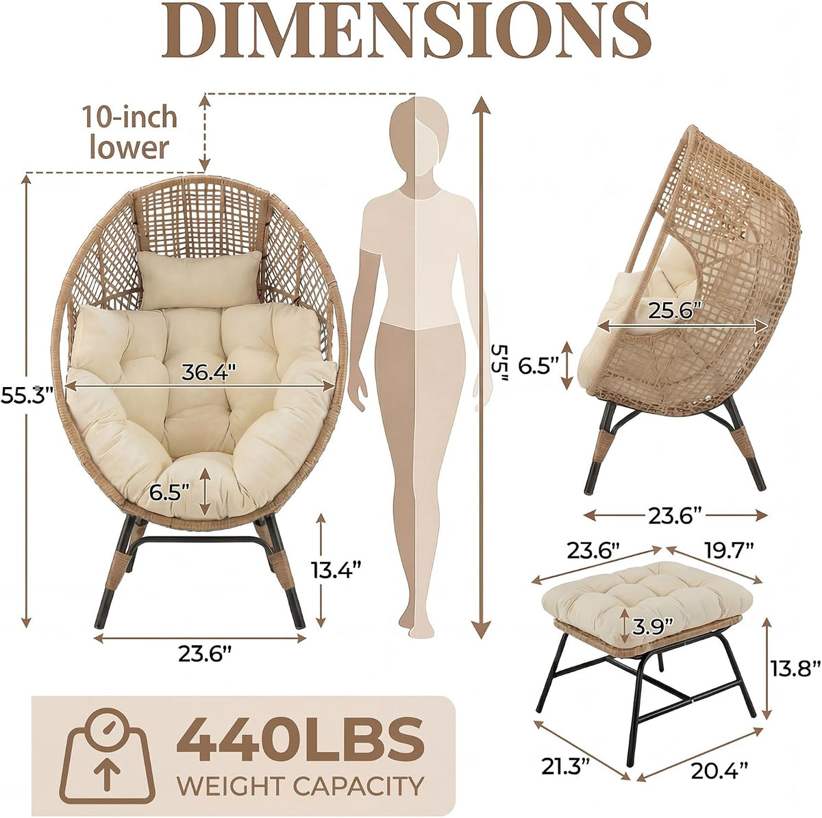 NICESOUL Wicker Egg Chair with Ottoman, Indoor Outdoor Egg Basket Lounge Chair w/Cushion, Oversized Egg Seat with Legs 440 Lbs, Comfy Cozy Boho Style Nest Chair w/Footrest for Patio, Balcony, Beige