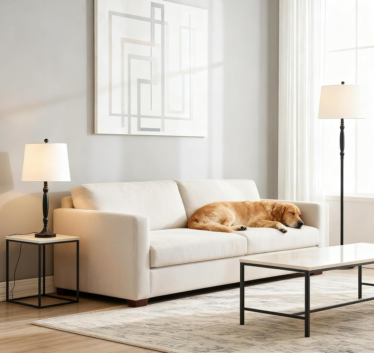Maxax Lamp Set 3-Piece, Metal 3 Pack Table Lamps and Floor Lamp, Traditional Lamps with White Linen Fabric Shade for Living Room, Bedroom, Study Room