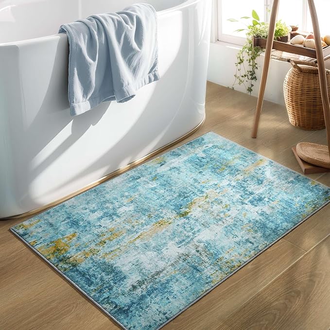 Entryway Rug 3x5 Teal Blue Bedroom Area Rug Washable Non Slip Abstract Boho Rugs