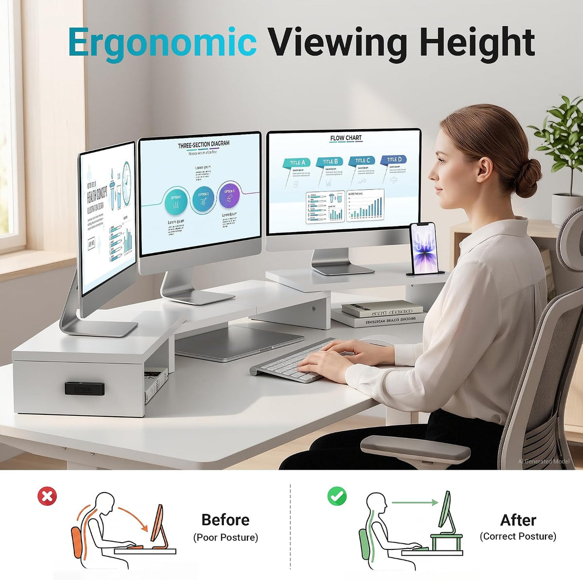 BONTEC Triple Monitor Stand Riser with Smartphone Holder, White