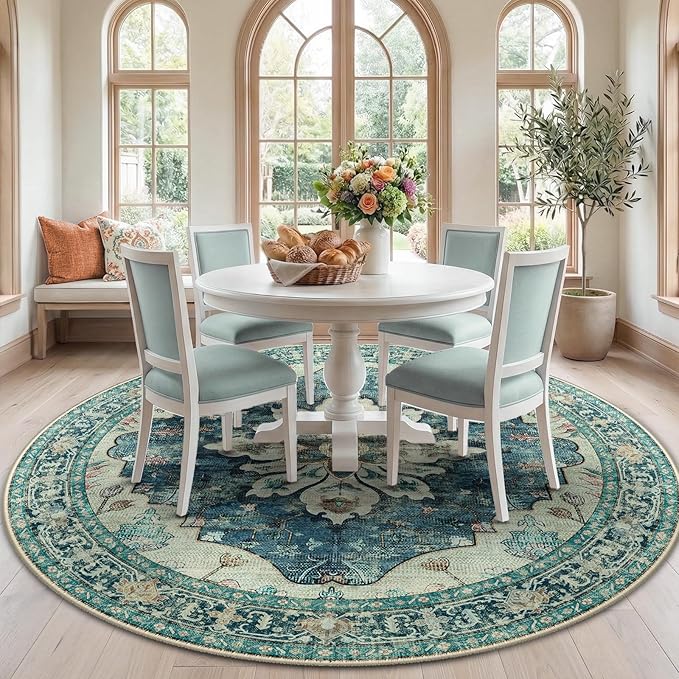 RELEANY Area Rugs Round 7ft Washable Non-Slip, Floral Vintage Distress