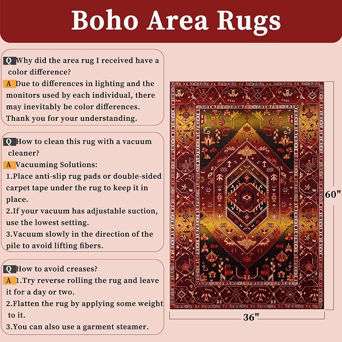 SERISSA Area Rug 3x5 Boho Rugs for Bedroom, Washable Non-Slip Living Room Rug