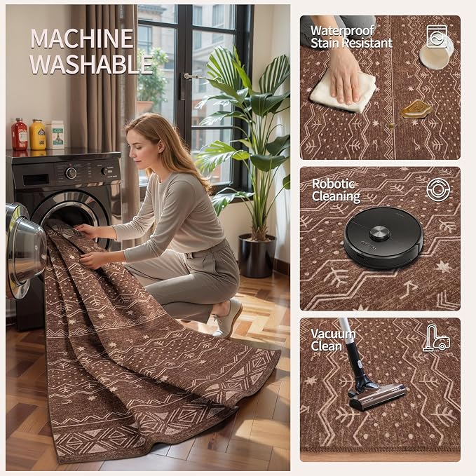 SERISSA 9x12 Area Rugs for Living Room, Washable Non-Slip Coffee Brown Boho Rug