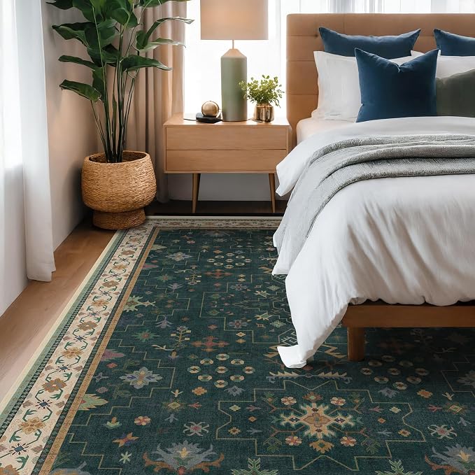 Hazo Haus Dark Green Oushak 5x8 Living Room Rug