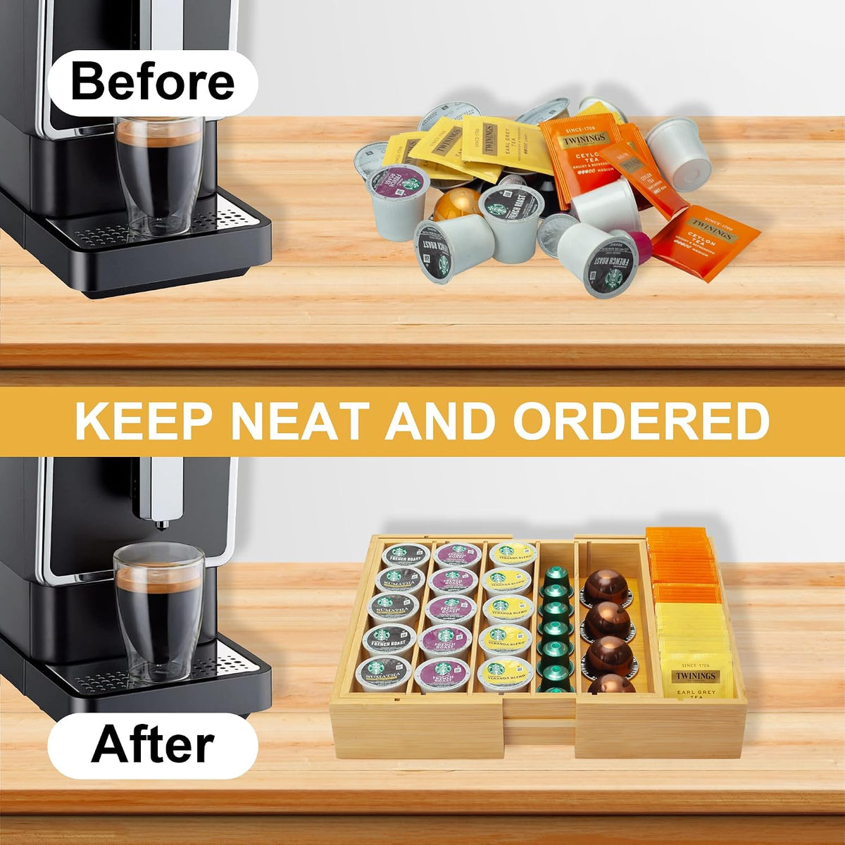 MinBoo Bamboo K Cup Holder for Drawer or Countertop Coffee Pod Holder Expandable K Cup Pod Storage Tea bag organizer K Cup Storage for Coffee Station Home Office and Kitchen, Natural