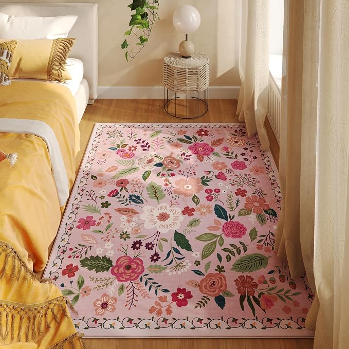 Rugcomf Bedroom Rug 3x5 Rug Washable Area Rug Non Slip Low Pile Boho Floral
